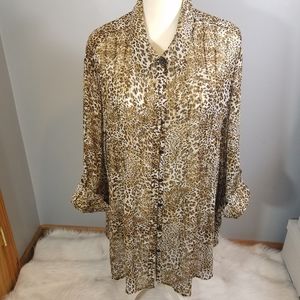 🐾 Maggie Barns brown button up sheer animal print blouse top shirt
